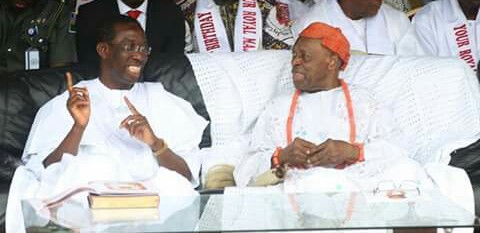 Delta State Governor, Senator Ifeanyi Okowa (left) and His Royal Majesty, Asagba (Prof.) Chike Edozien, the Asagba of Asaba. during the Interdenomination Service to mark the 90th Birthday of the Asagba
