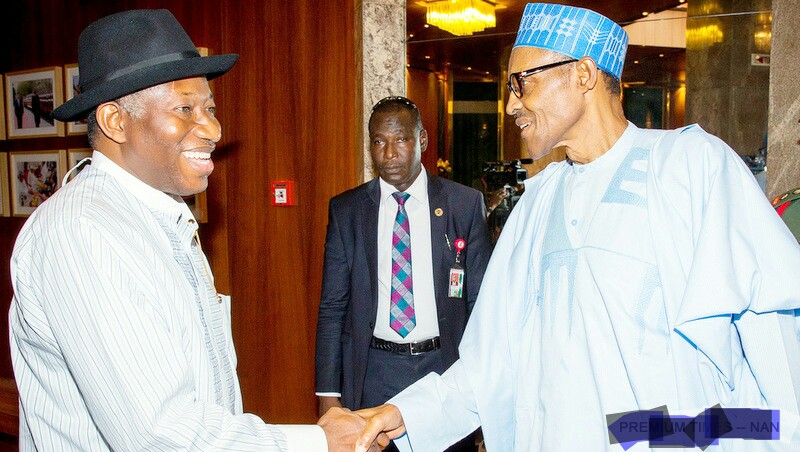 President Muhammadu Buhari (R) welcoming Former President Goodluck Jonathan to the Presidential Villa today (3/8/16)  