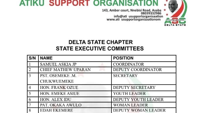 Atiku Support Organisation (ASO) Delta Chapter Releases Names of State, LGA, Ward Exco