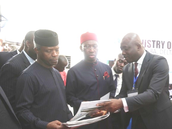 From left: Vice President, Prof Yemi Osinbajor; Delta State Governor, Senator Ifeanyi Okowa and the State Commissioner for Information, Mr Patrick Ukah, during the Economic Summit to mark the 25th Anniversary in Asaba.