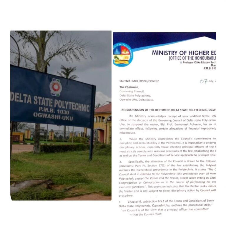 Breaking: Suspension of Delta Poly, Ogwashi-uku Rector: Govt Says Governing Council exceeded limits of its disciplinary powers