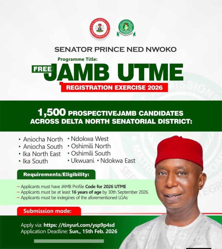 Senator Ned Nwoko Launches Free JAMB Registration for 1,500 Delta North Students